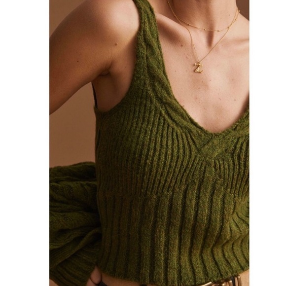 NWT New $148 Anthropologie Hooded Green Cable Knit Cardigan Tank Sweater Set M - Picture 2 of 16